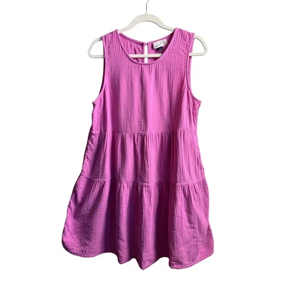 Pink Cotton Gauze Tiered Babydoll Mini Dress Size L | Universal Thread Coastal - Picture 2 of 8